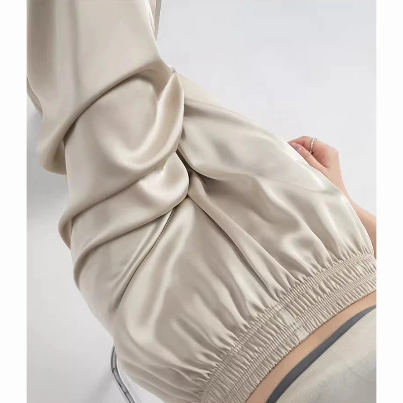 Summer Girls Thin Ice Silk Wide Leg Pants Female Casual High Waisted Straight Leg Trousers Lady Comfortable Satin Fabric Pants