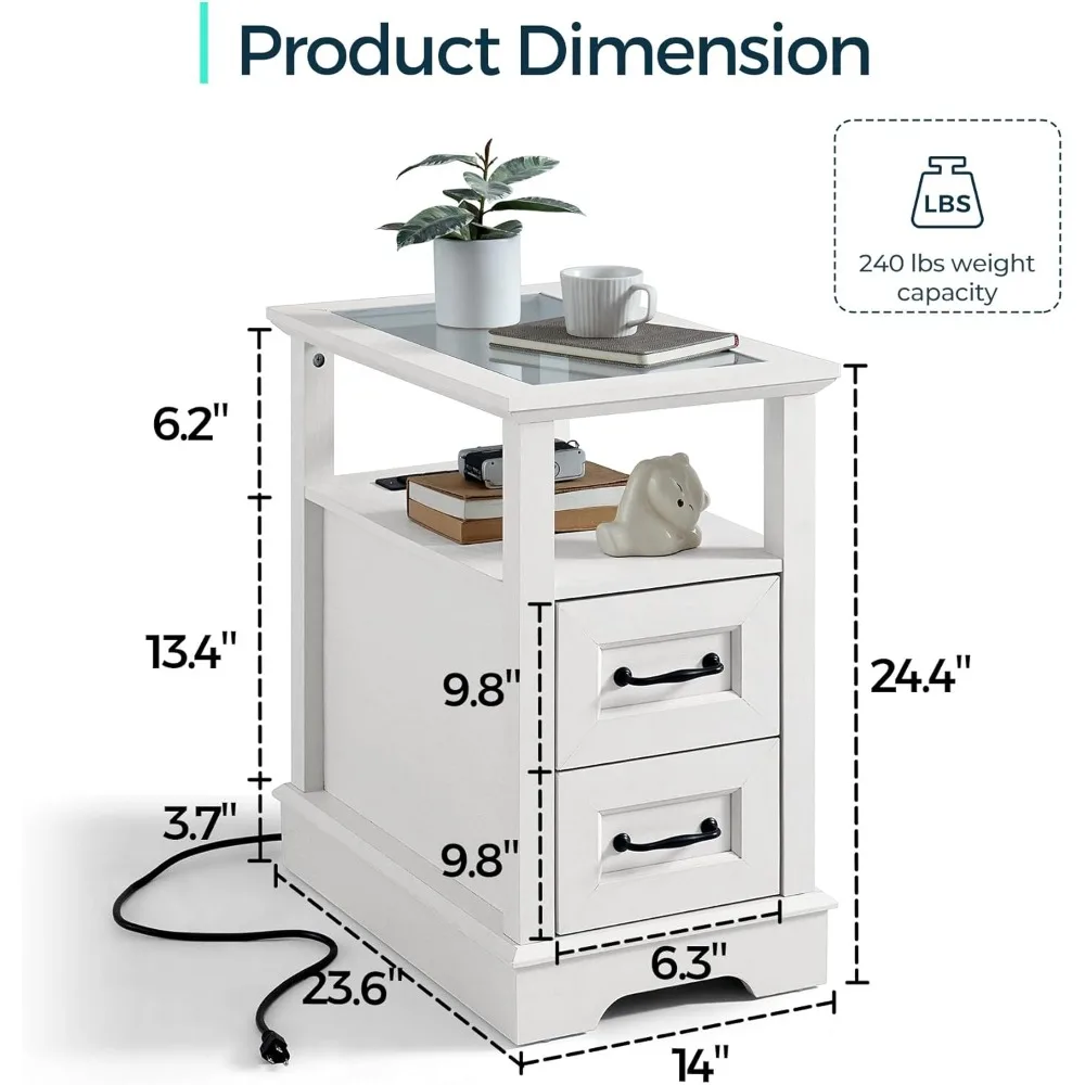Narrow End Table with Charging Station, Side Table with Glass Top, Open Shelf, and 2 Drawers, Small Sofa Table with Storage