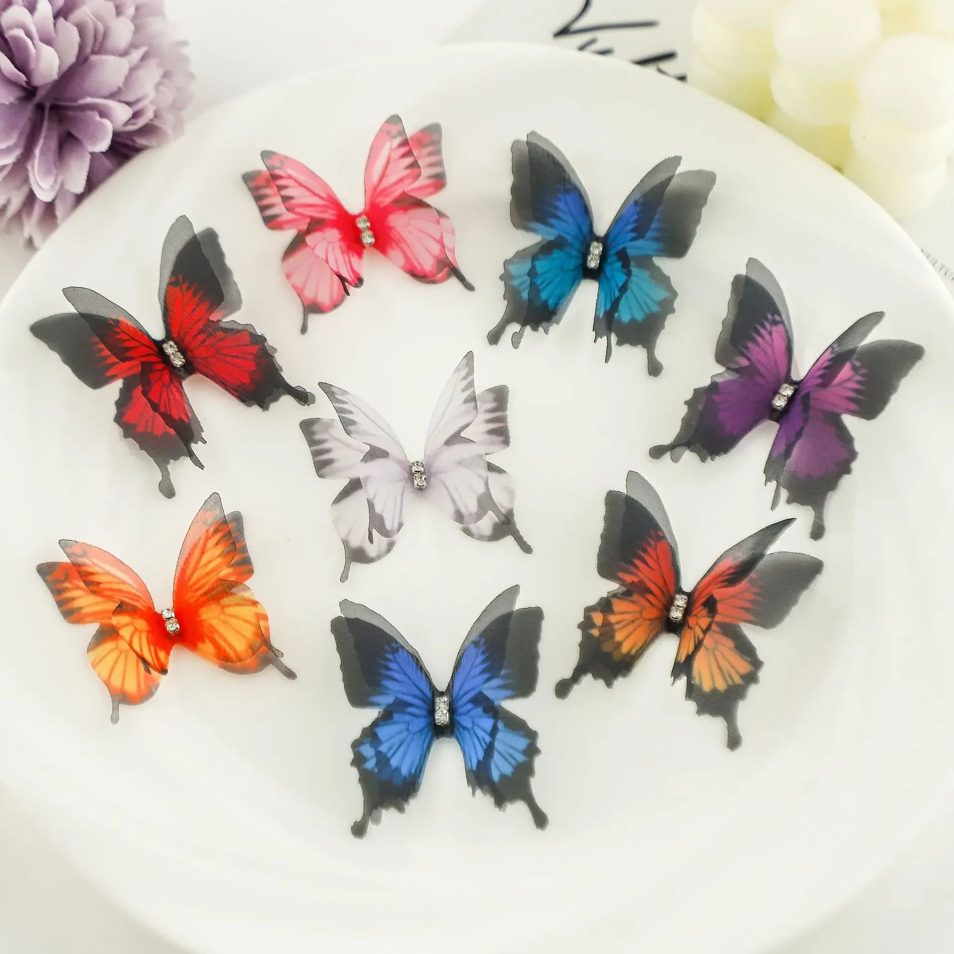 20pcs Double Butterfly Appliqued 3D Simulation Mesh Explosion Bouquet Patch DIY Handmade Hairband Nail Decoration Craft Supplies