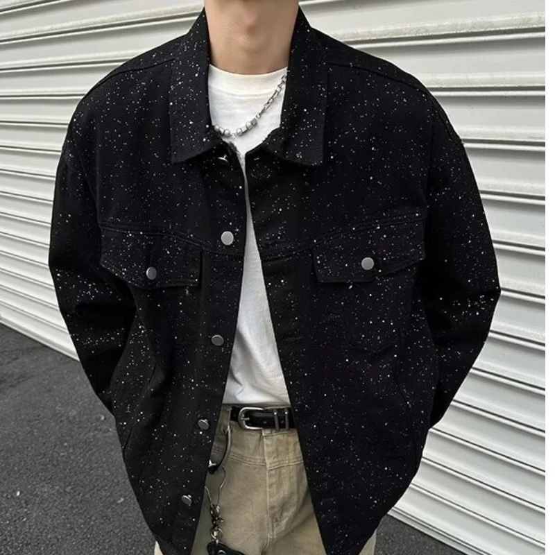 

Spring Autumn New American Streetwear Starry Sky Denim Jacket - Men's Trendy Loose Cool Style Student Daily Commute Top