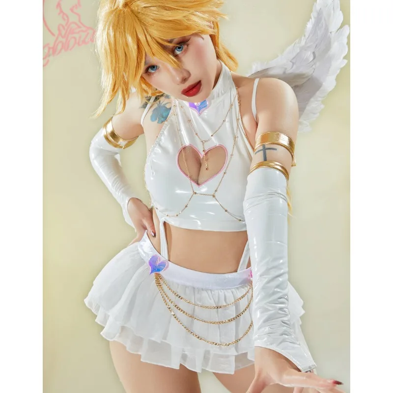 Mobbunny Women Stocking Derivative  Sexy Lingerie Set Hollow Halter Bodysuit and Mini Skirt with Wings Sleeves Cosplay Costume