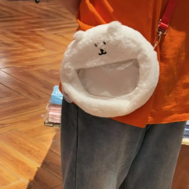 Miniso Borsa a tracolla portachiavi in peluche con orso autobloccante, borsa a tracolla in PVC trasparente carino, borsa tote trasparente alla moda