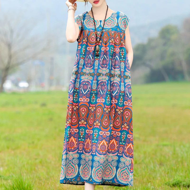 Summer Oversize Sleeveless Dress for Women 2024 New Loose Elegant Vintage Print Long Dress Female Clothing High Quality