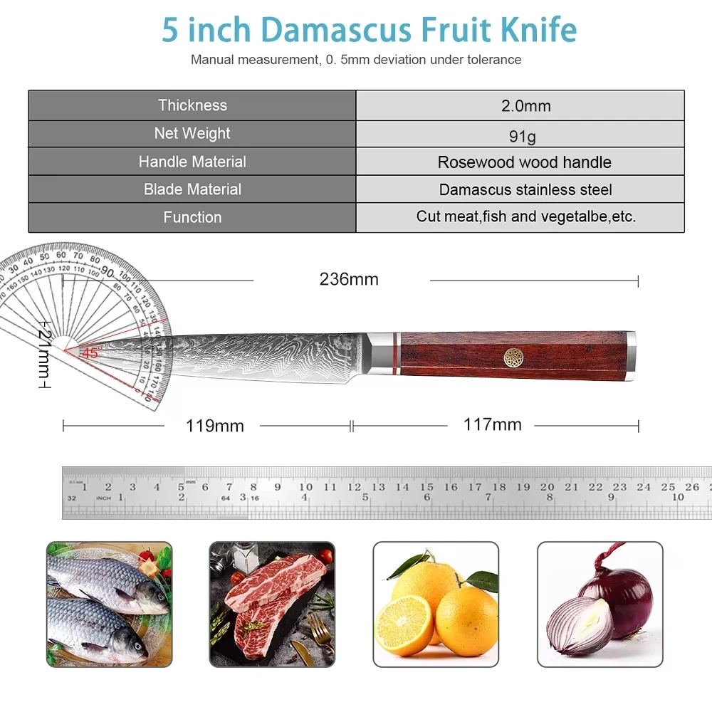 Japanese Damascus VG10 Steel Utility Knife 5 Inch - Ultra Sharp Paring Knife, Professional Kitchen Fruit Paring Knife (XITUO)