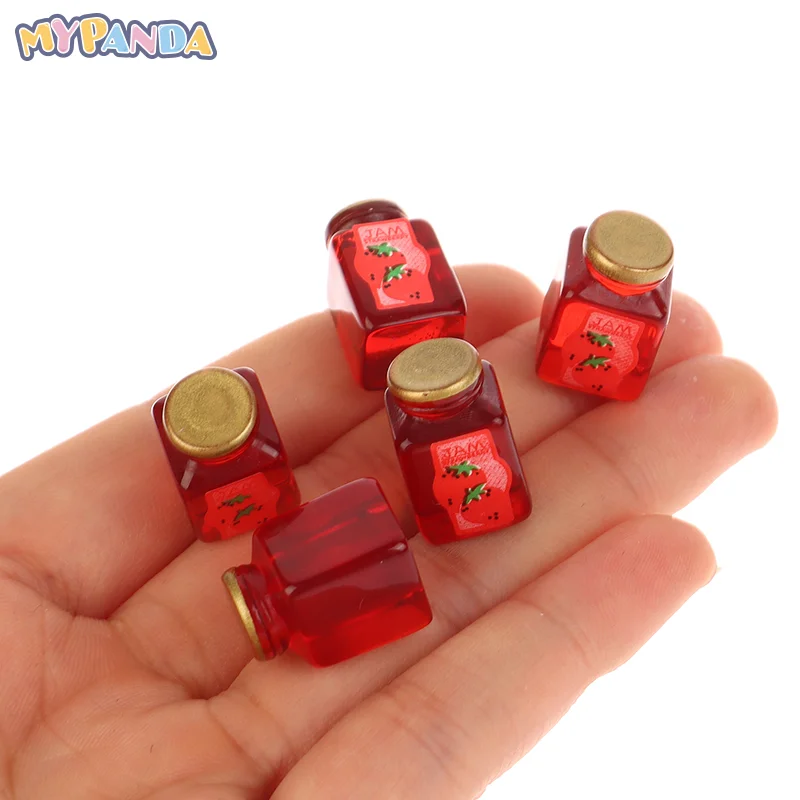 5Pcs 1/12 Dollhouse Strawberry Sauce Jam Jar Dollhouse Miniature Kitchen Food Accessories Dolls House Decorations Toys