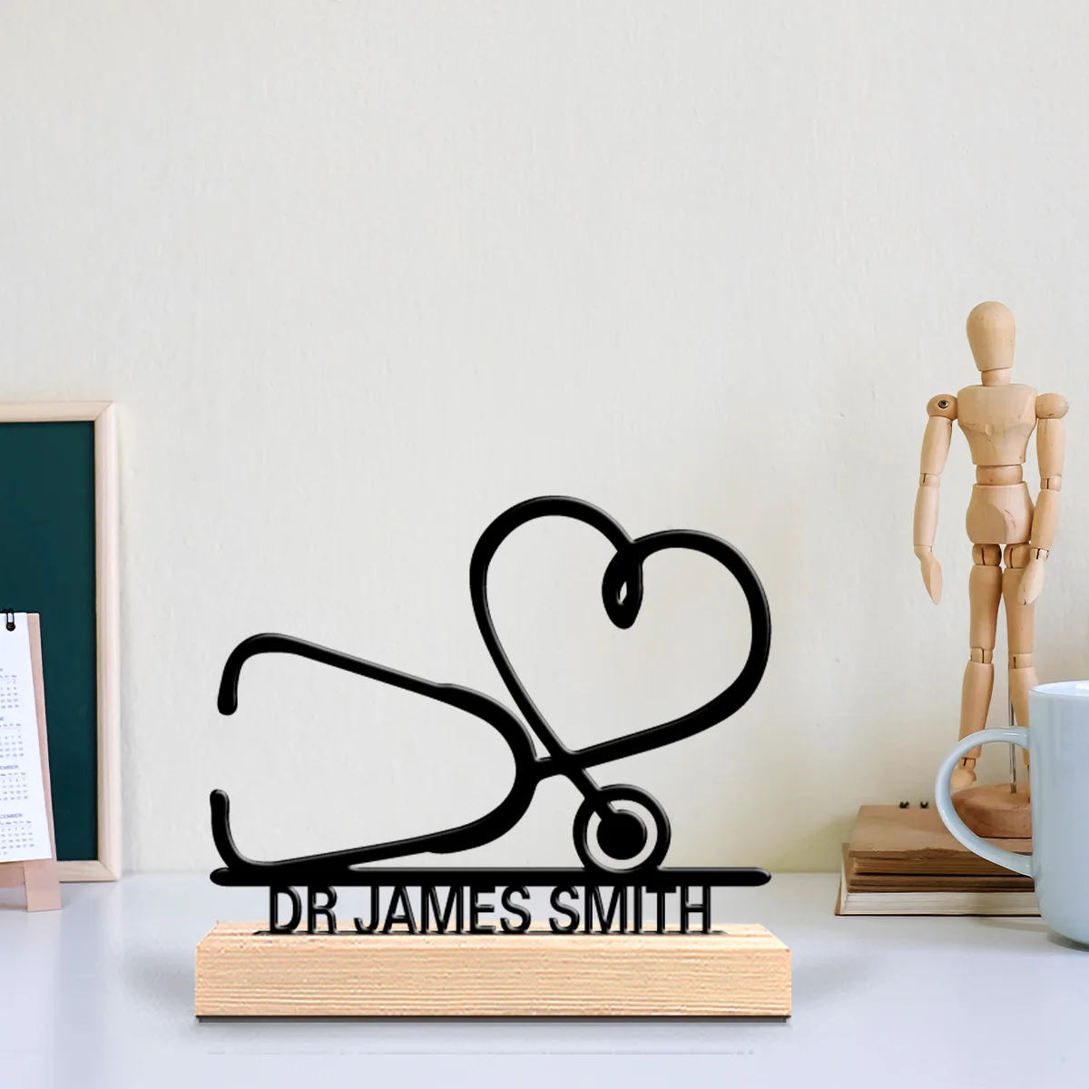 1pc Modern Love stethoscope Customized Text Tin Statue Metal Ornament Handicraft With Wood Base With Wood Base For Boys Gifts