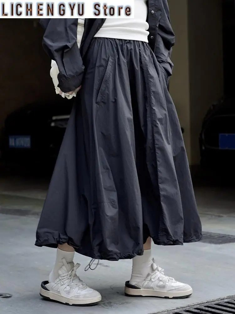 High Elastic Waist Loose Fit Khaki Drawstring Casual Half-body Skirt Women Fashion Tide New Spring Autumn