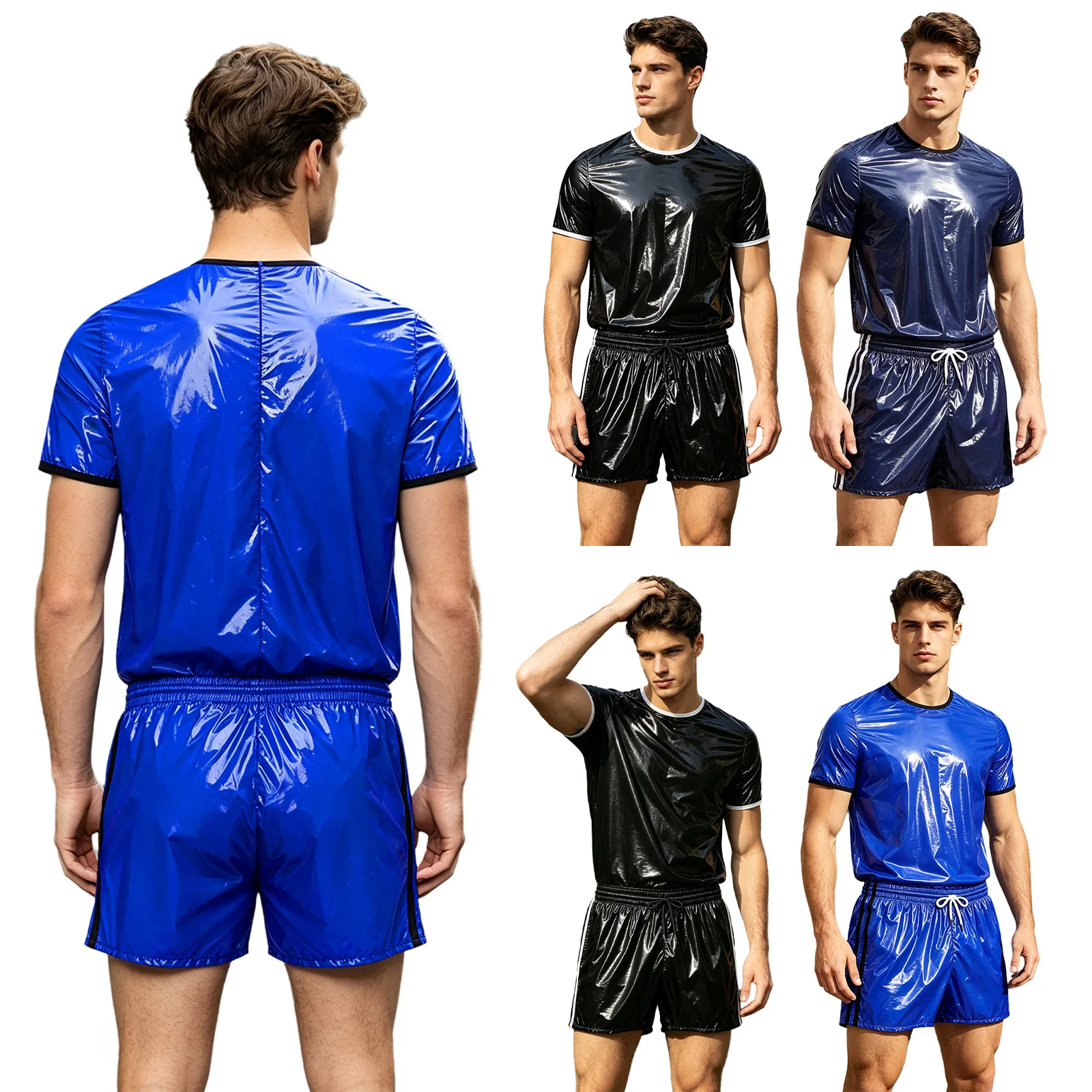 Men Shiny PVC Waterproof 2 Piece Set Contrast Trim Short Sleeve Top and Boxer Briefs Quick Dry for Pool Party Clubwear