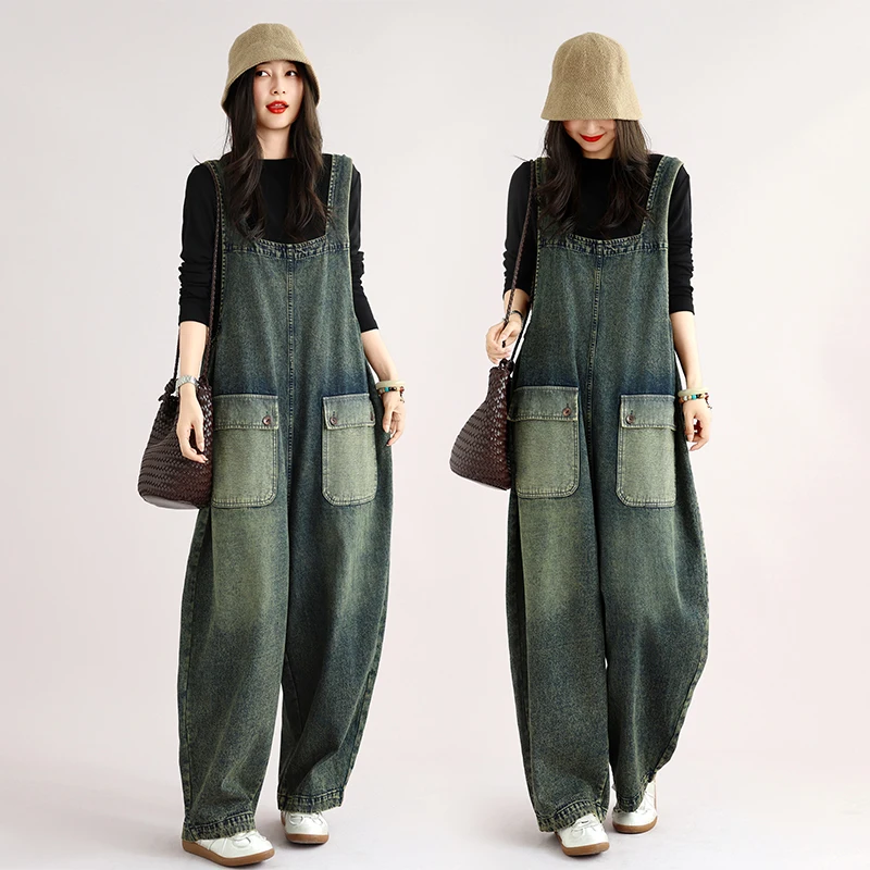 New Casual Vintage Denim Overalls Women's Loose Fit plus Size Jeans Pants with Pockets Long Trousers  Suit