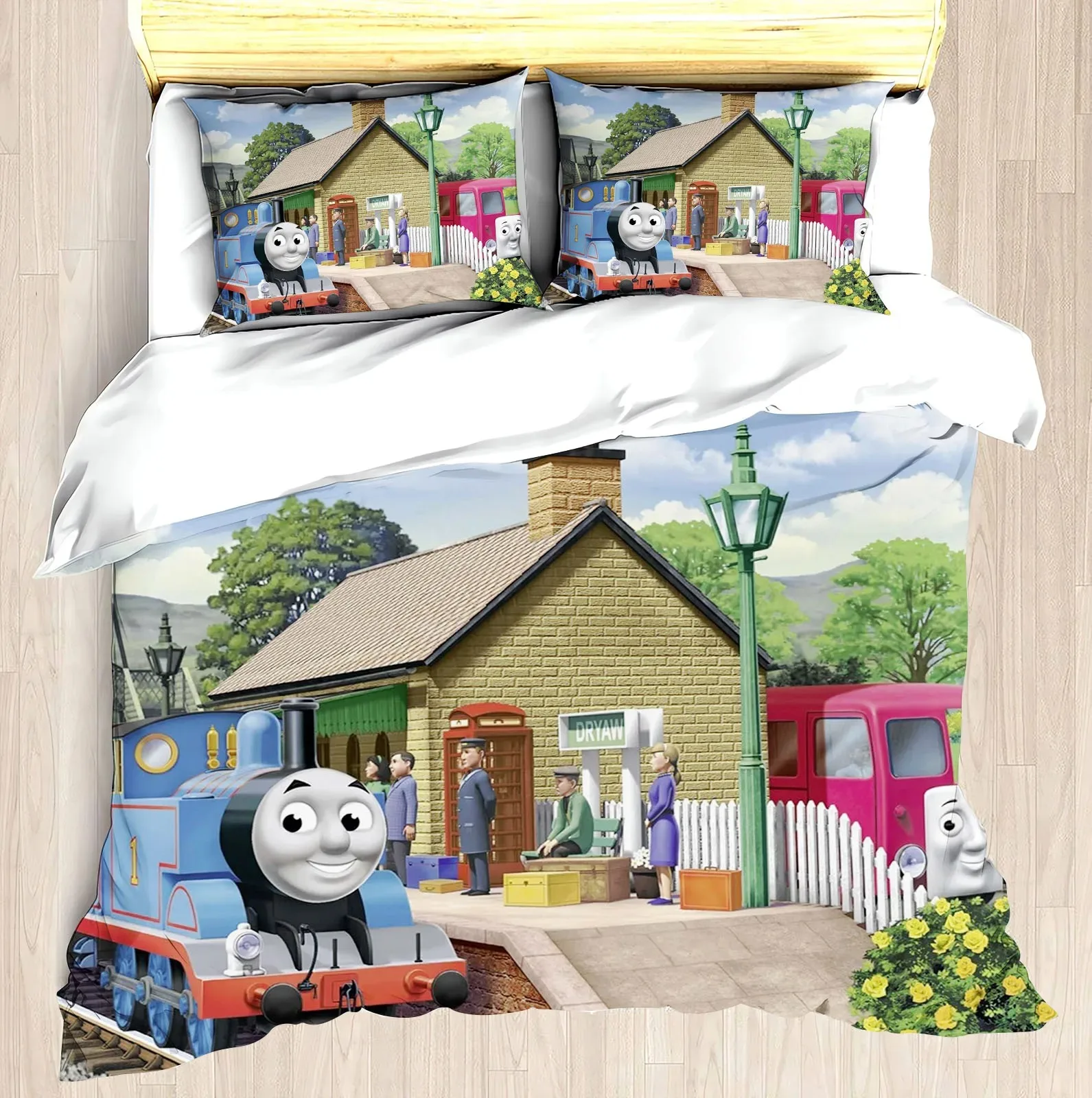 3D-Cartoon-Bettwäsche-Set, exquisiter Bettbezug, Kissenbezug, Thomas und seine Freunde, Zuhause, Schlafzimmer, Dekoration, Geburtstagsgeschenk