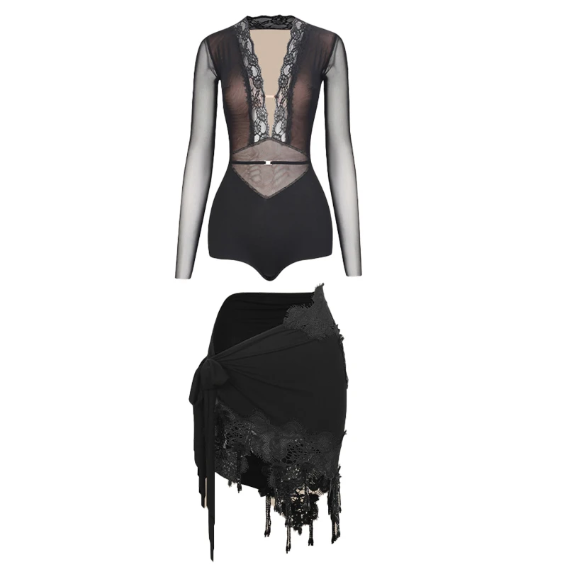 Adultos rumba roupas de dança de salão feminino chacha traje de dança latina sexy malha latina topo irregular saia franjas sl14711