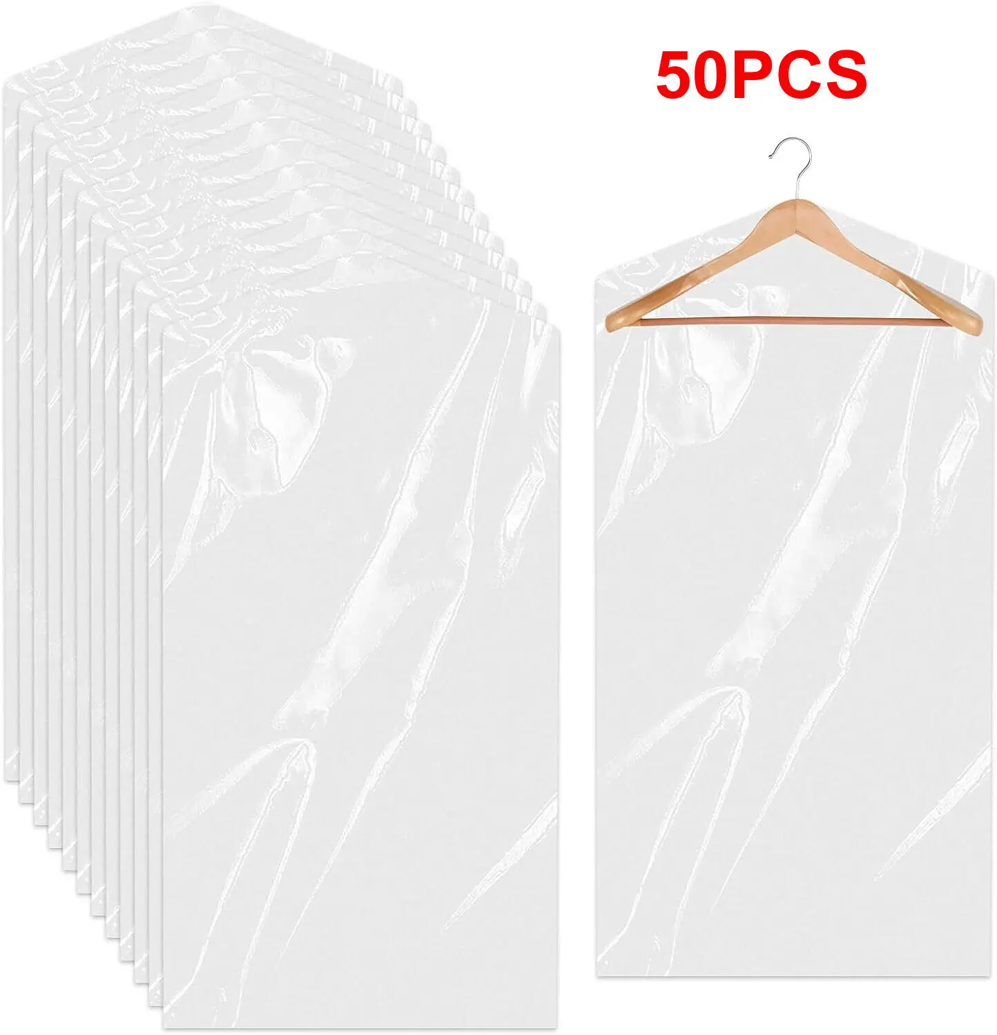 50 pièces de housses de protection transparentes en plastique pour vêtements, sacs anti-poussière en polyéthylène transparent PVC pour nettoyage à sec