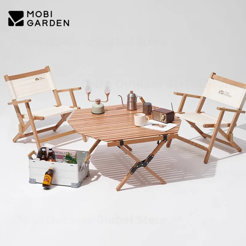 MOBI GARDEN Camping Portable Folding Table Outdoor Picnic Solid Wood Octagonal Egg Roll Free Storage Bag Bearing 30KG Stable