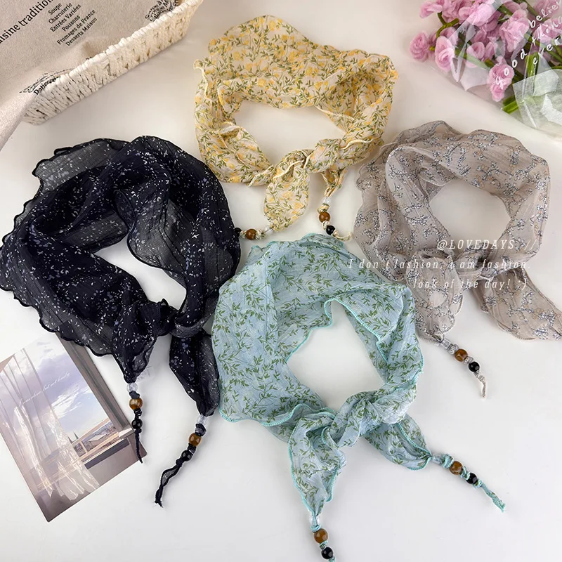 Lightweight Floral Triangle Scarf for Women Korean Fresh Spring Summer Thin Breathable Neck Wrap Artistic Daily