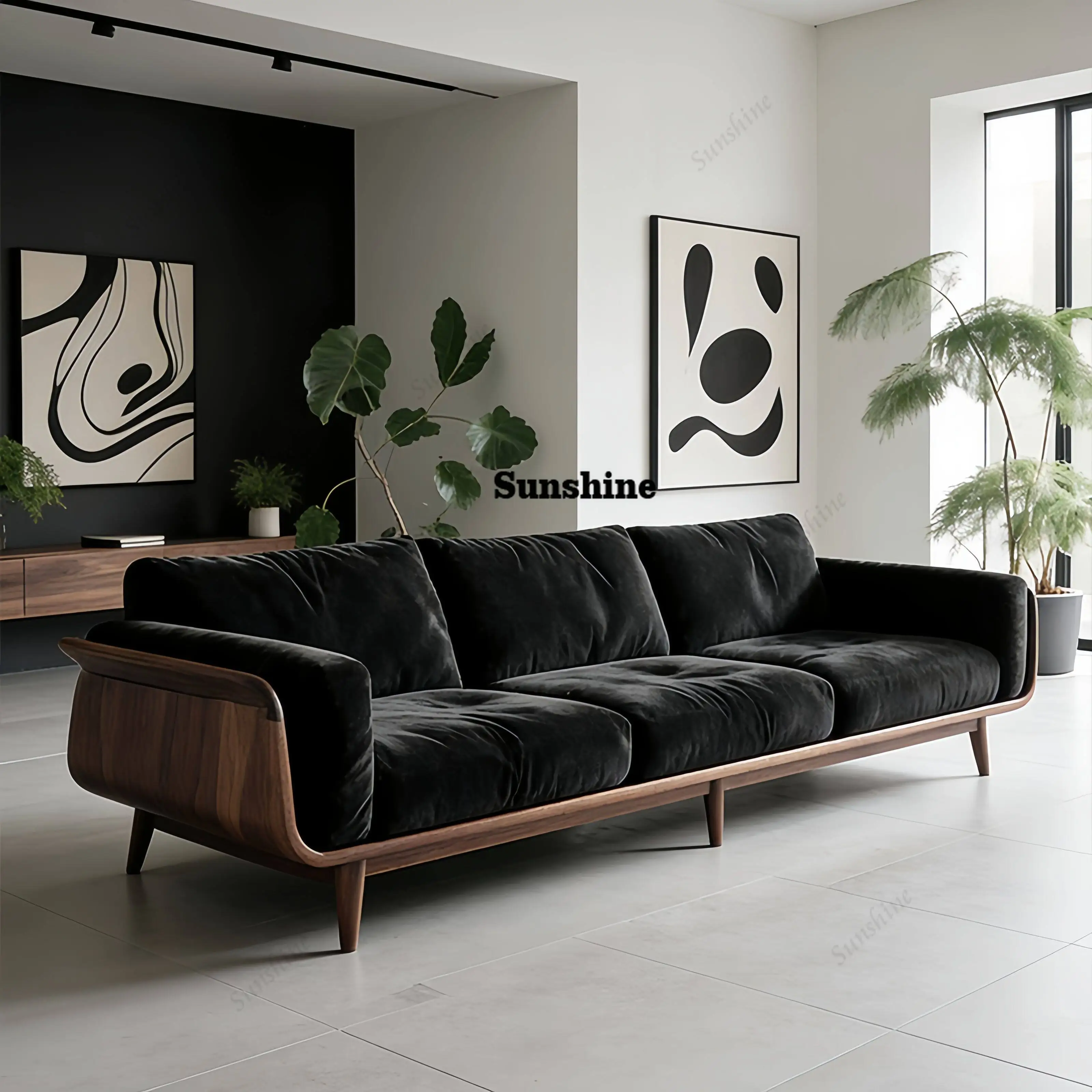 

New Chinese solid wood living room small three-seater modern simple leather art inline sofa