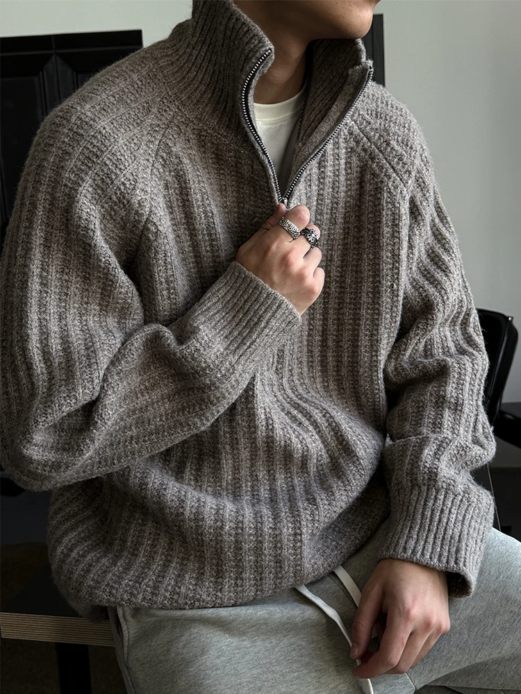 Maglione dolcevita con mezza zip in misto lana autunno inverno da uomo, tinta unita vintage, vestibilità rilassata, maglieria alla moda, pullover da uomo