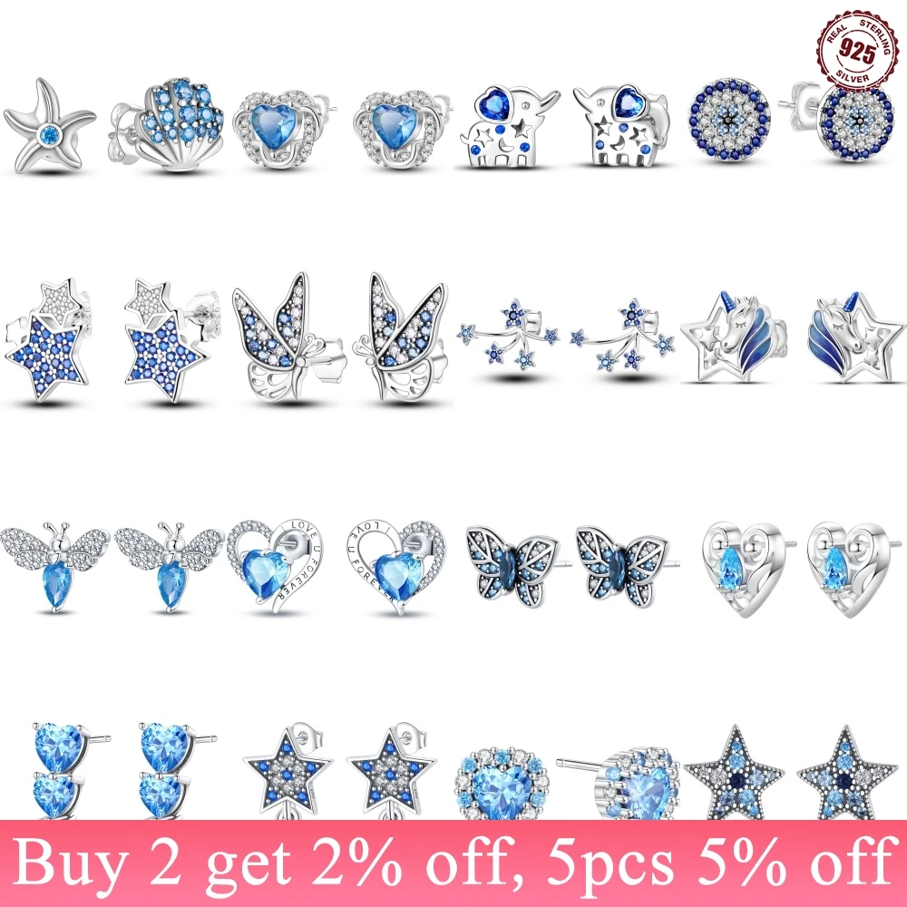 Hot 925 Sterling Silver Star Moon Blue Series Stud Earrings Zircon For Women Exquisite Daily Wear Jewelry Accessories Party Gift