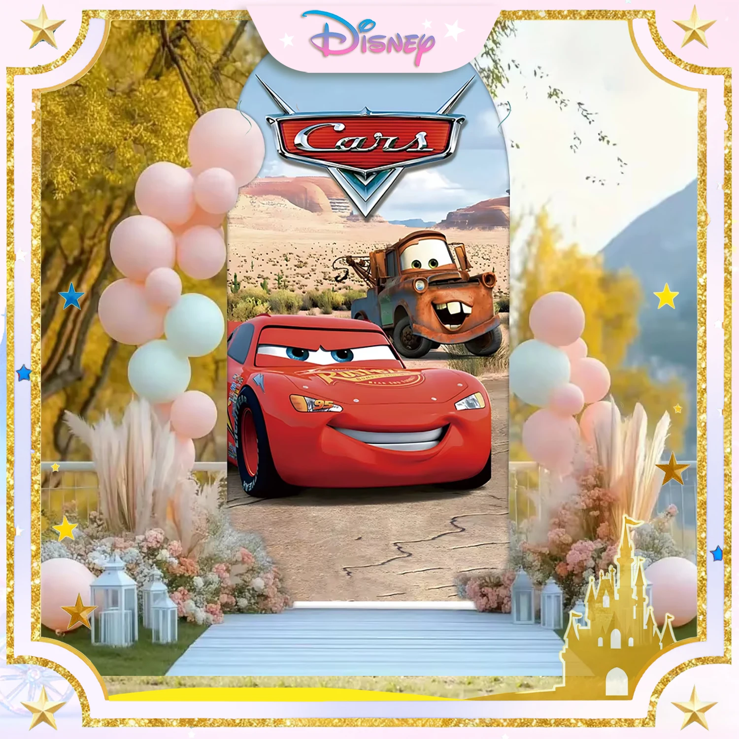 

Disney Racing-Themed Backdrop + Checkered Balloon Arch Set, Children's Birthday Party Backdrop