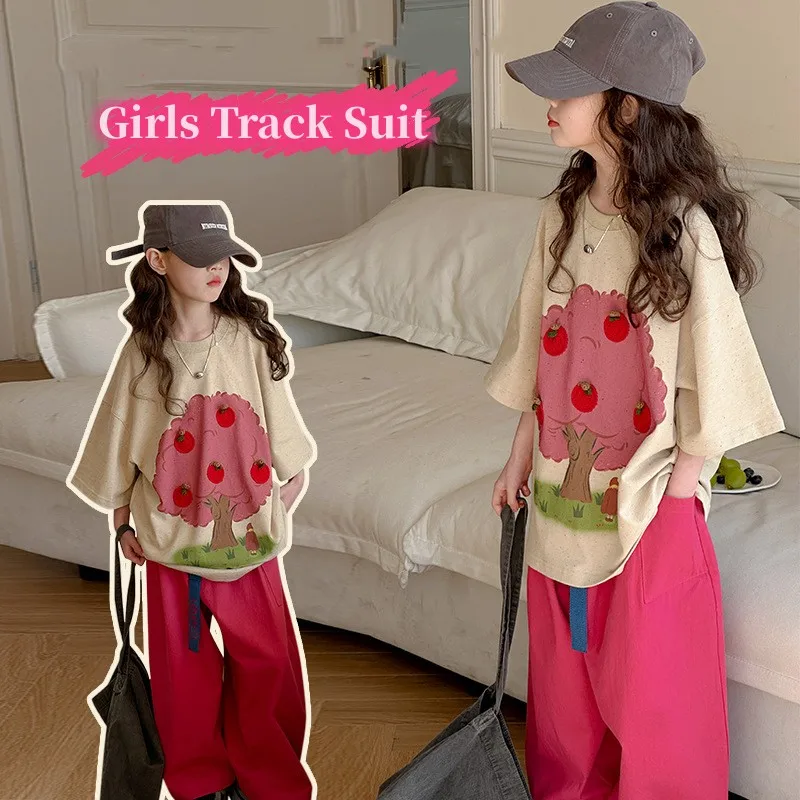 Summer Girls Oversized 2PCS Tracksuit School Kids 3D Patchwork T-Shirt Tops+Plain Loose Pant Active Sets Children Outfits