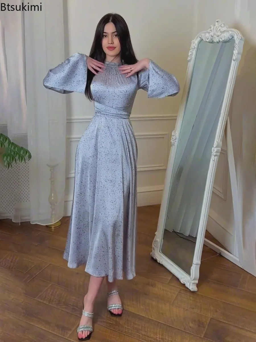 Elegancka satynowa sukienka maxi damska 2025, modna sukienka wieczorowa na przyjęcie z długim rękawem, wysoką talią, dopasowana, wiosenna nowa sukienka z nadrukiem, Vestidos Femme