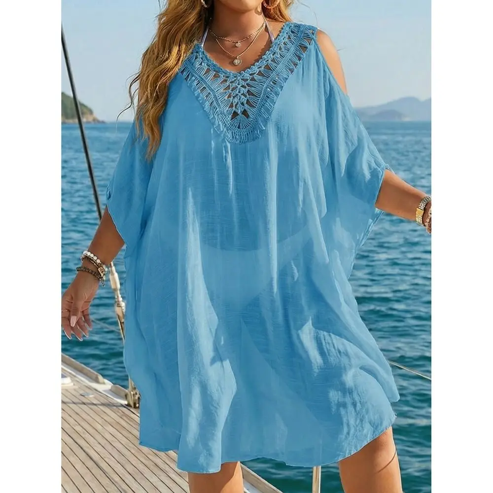 ชุดคลุมว่ายน้ำแฟชั่น คอวี เปิดหลัง ทรงหลวม ป้องกันแสงแดด สำหรับฤดูร้อน สไตล์ลำลอง แบบโปร่ง สำหรับผู้หญิง