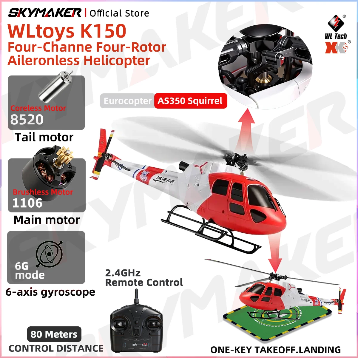 WLtoys K150 AS350 Squirrel RC Helicopter 2.4G 6-Aixs Gyro 4CH Altitude Hold Optical Flow Brushless Motor Toys for Kid Adult Gift