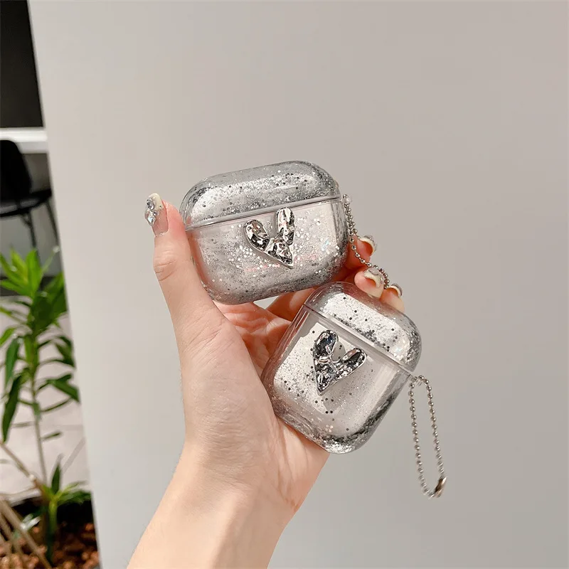 Silver Quicksand Heart Case for AirPods 4 Airpod 1 2 3 Pro Pro2 Bluetooth Earbuds Charging Box Protective Earphone Case Cover