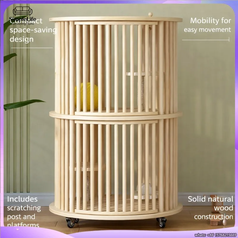 

Round Solid Wood Cat Cage Cat Villa Panoramic Indoor Luxury Cat House Double Deck Shelter Triple Level Bed