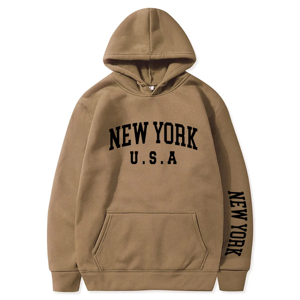 Felpa con cappuccio a maniche lunghe da uomo con stampa di lettere allegre di NEW YORK, felpa con cappuccio Pullover in caldo pile con tasca a marsupio, Casual