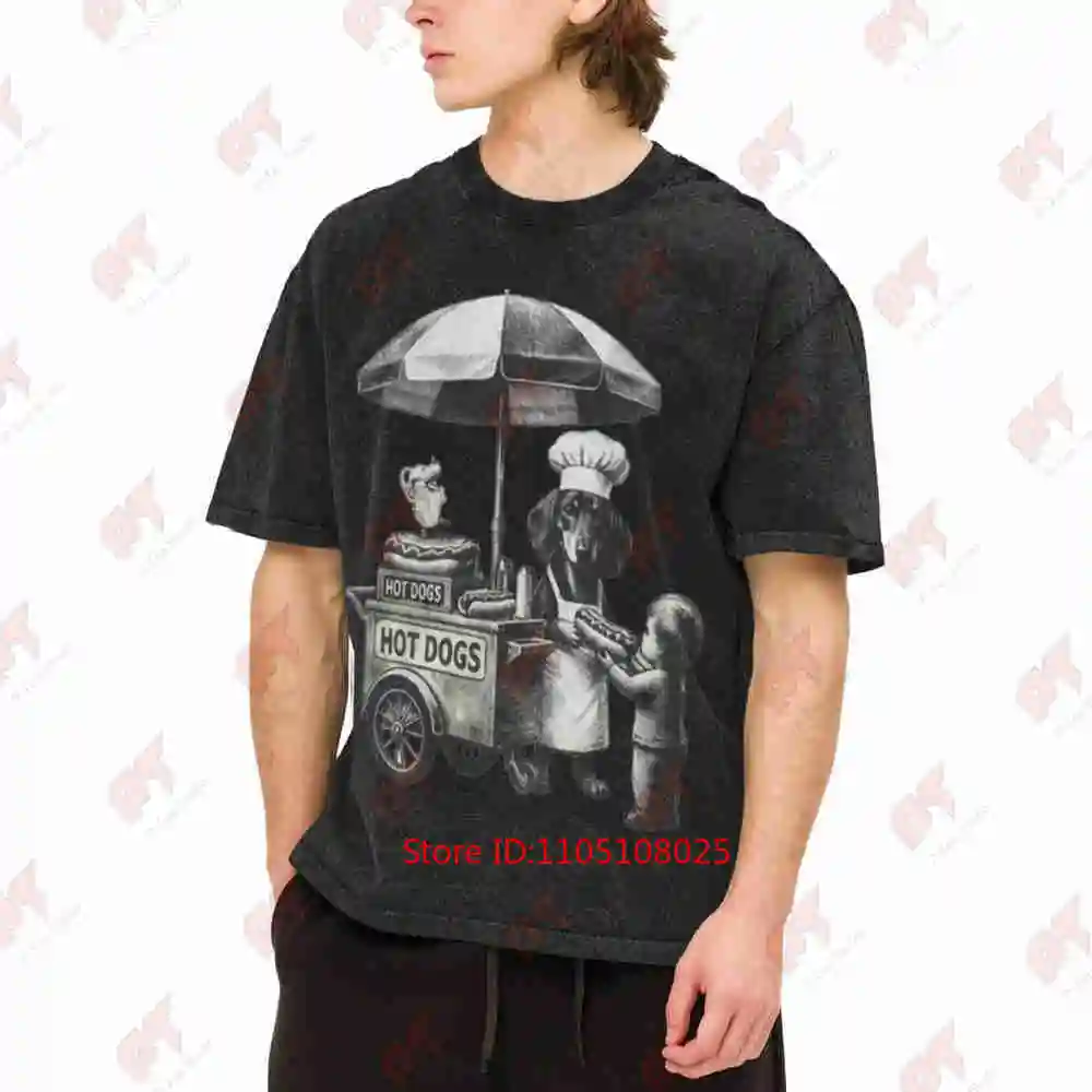Dachshund Hot Dog Chef Wiener Retro Engraving Sausage Vintage Washed Tee Pure Cotton T-Shirt