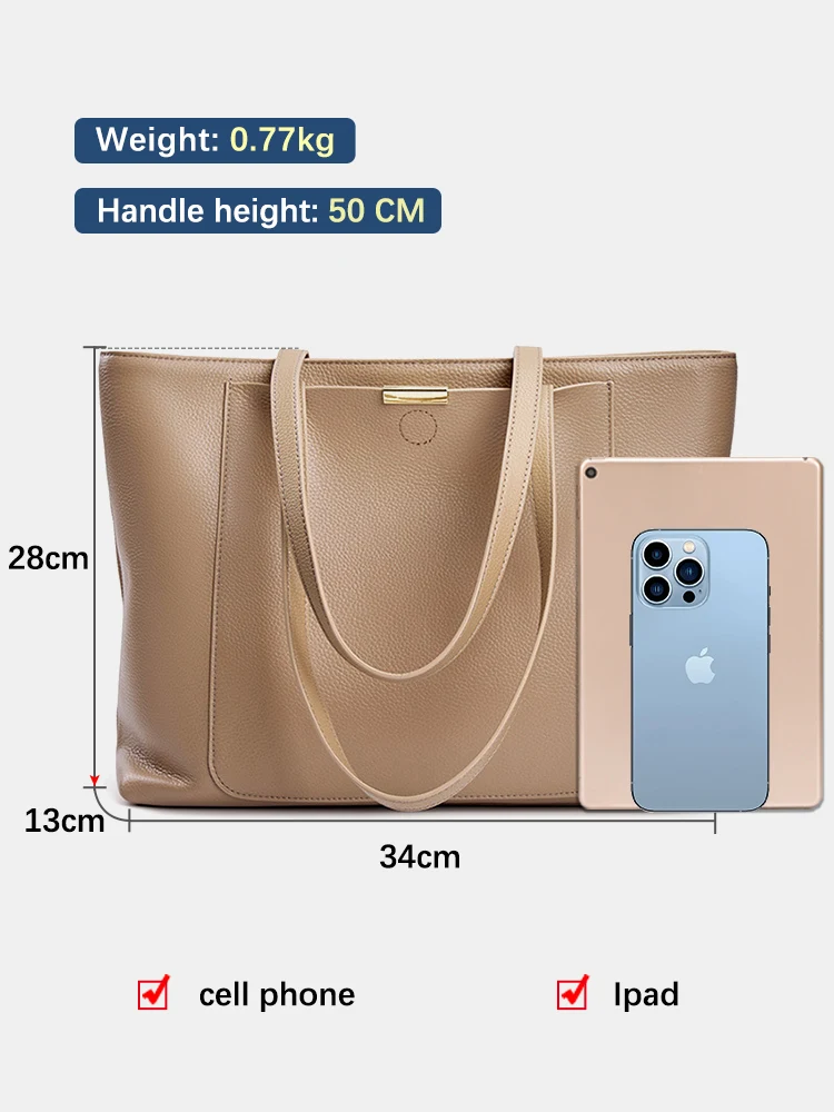 Zency Genuine Leather Women Shoulder Bag Tote Handbag Large Capacity Designer Shopping Bag Front Pocket For Notebook Phone iPad