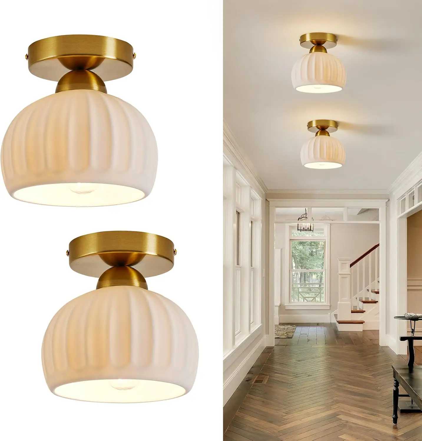 Vintage Ceramic Semi Flush Ceiling Light, 2 Pack, Gold & White Globe for Hallway, Kitchen, Entryway