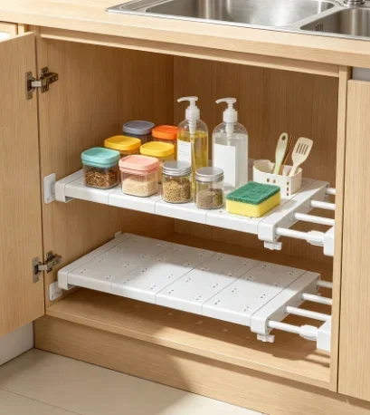 White Expandable Divider for Wardrobe Kitchen & Bathroom Punch-Free Retractable Multi-Layer Storage Organizer for 2