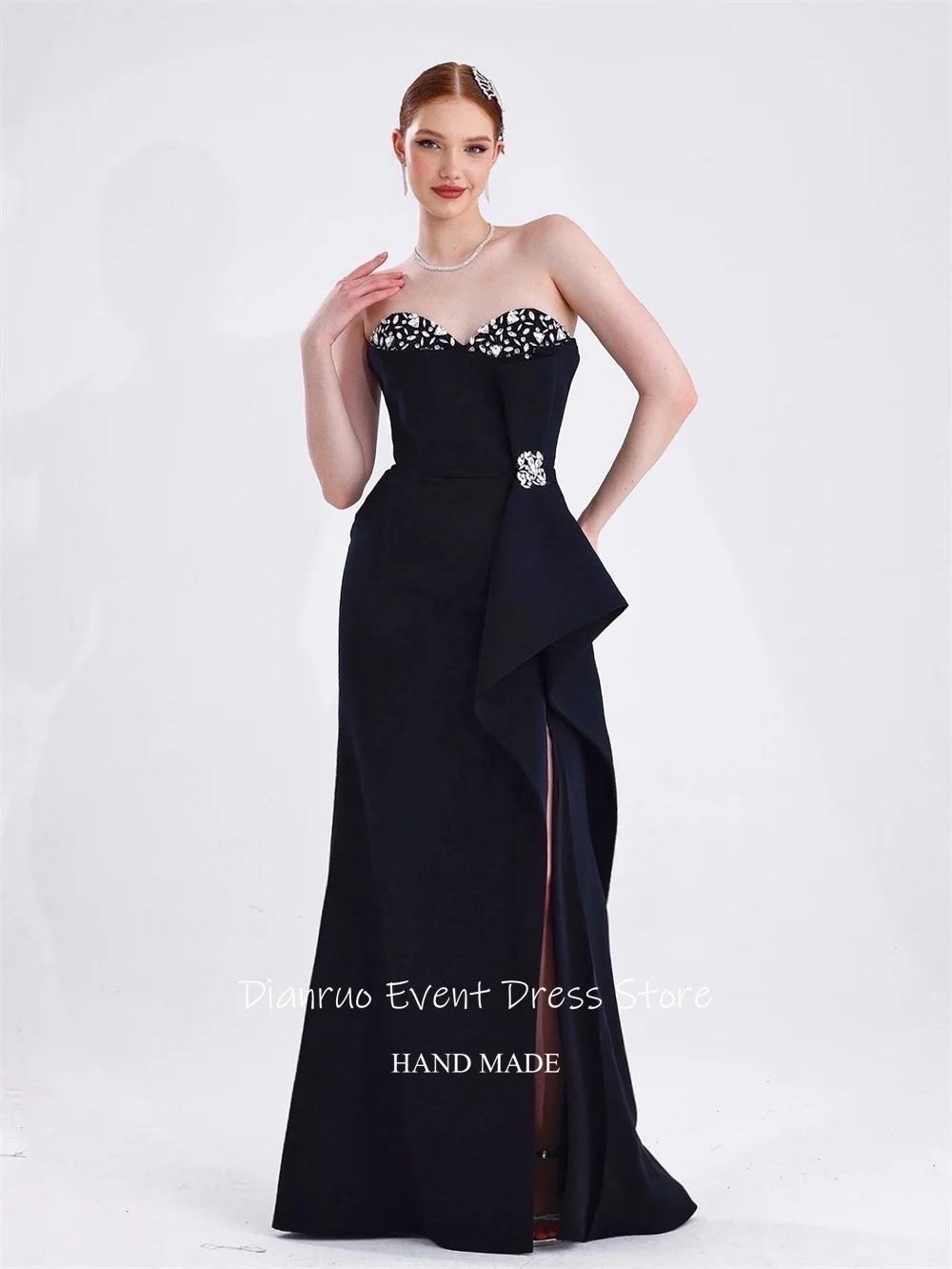 Dianruo Crystal Русалка Вечерние платья Милая спинка Robe De Soirée Femme Элегантные черные платья для выпускного вечера с высоким разрезом по индивидуальному заказу