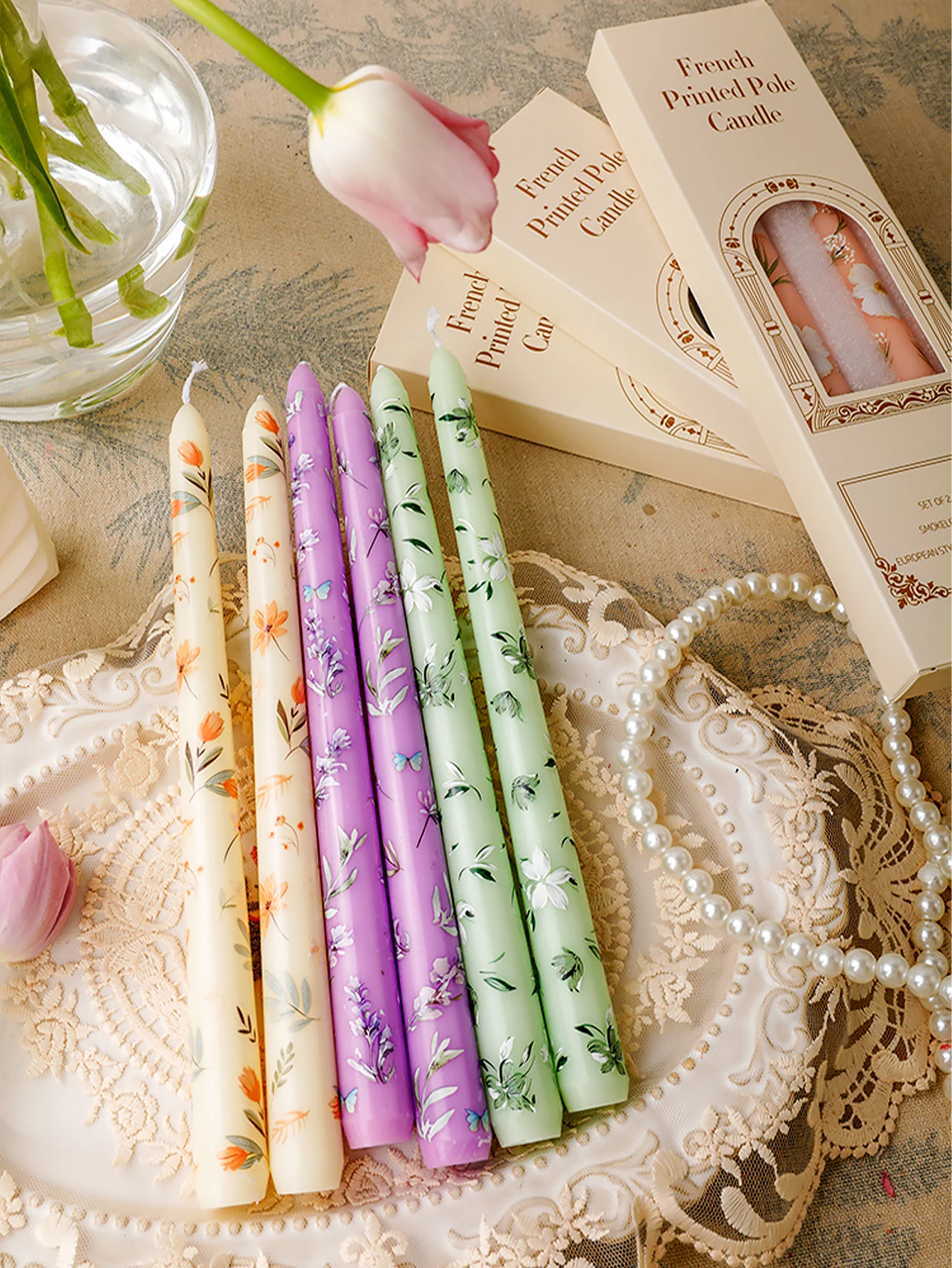 25cm Printed Long Stick Candles Smokeless Decorative Candles for European Style Romantic Candlelight Dinner Wedding Festival