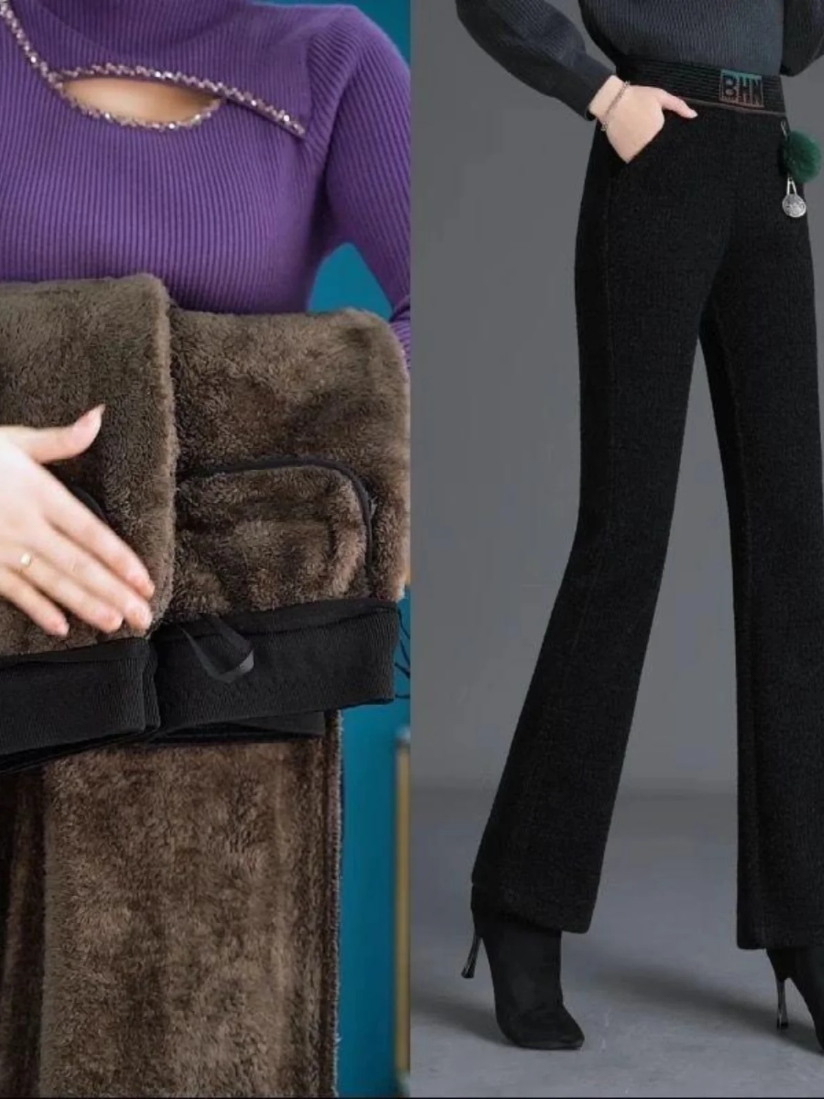 Fleece Lined Wide Leg Pants High Waist Elastic Polyester Fiber Winter Warm Thickened Long Fluffy Casual Trousers for Middle-A...