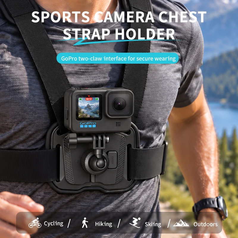 Sports Camera Chest Strap Holder, Adjustable Dual Shoulder Chest Harness Mount for Action Camera, Breathable Pad for Cycling