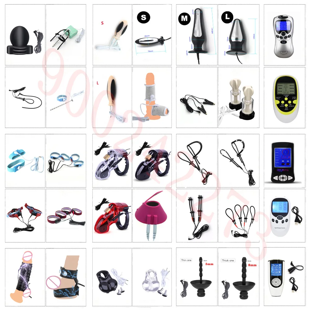 50 Style Electro Shock Accessories,Electric Anal Butt Plug Glans Penis Cage Ring Urethral Plug Nipple Clamps,BDSM Host Sex Toys