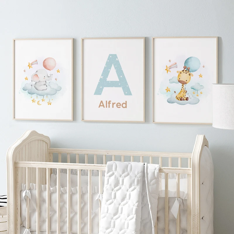Custom Adorable Watercolor Animals Elephant Giraffe Pulling Balloons Nursery Wall Art Personalized Posters and Prints Room Decor