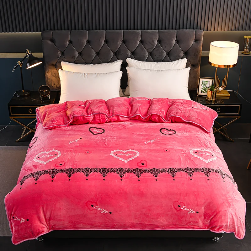 Love Pink Thickened Duvet Cover Soft Comfortable Flannel Milk Velvet Luxury Print Duvet Covers for Bedroom Guest Room Decoration