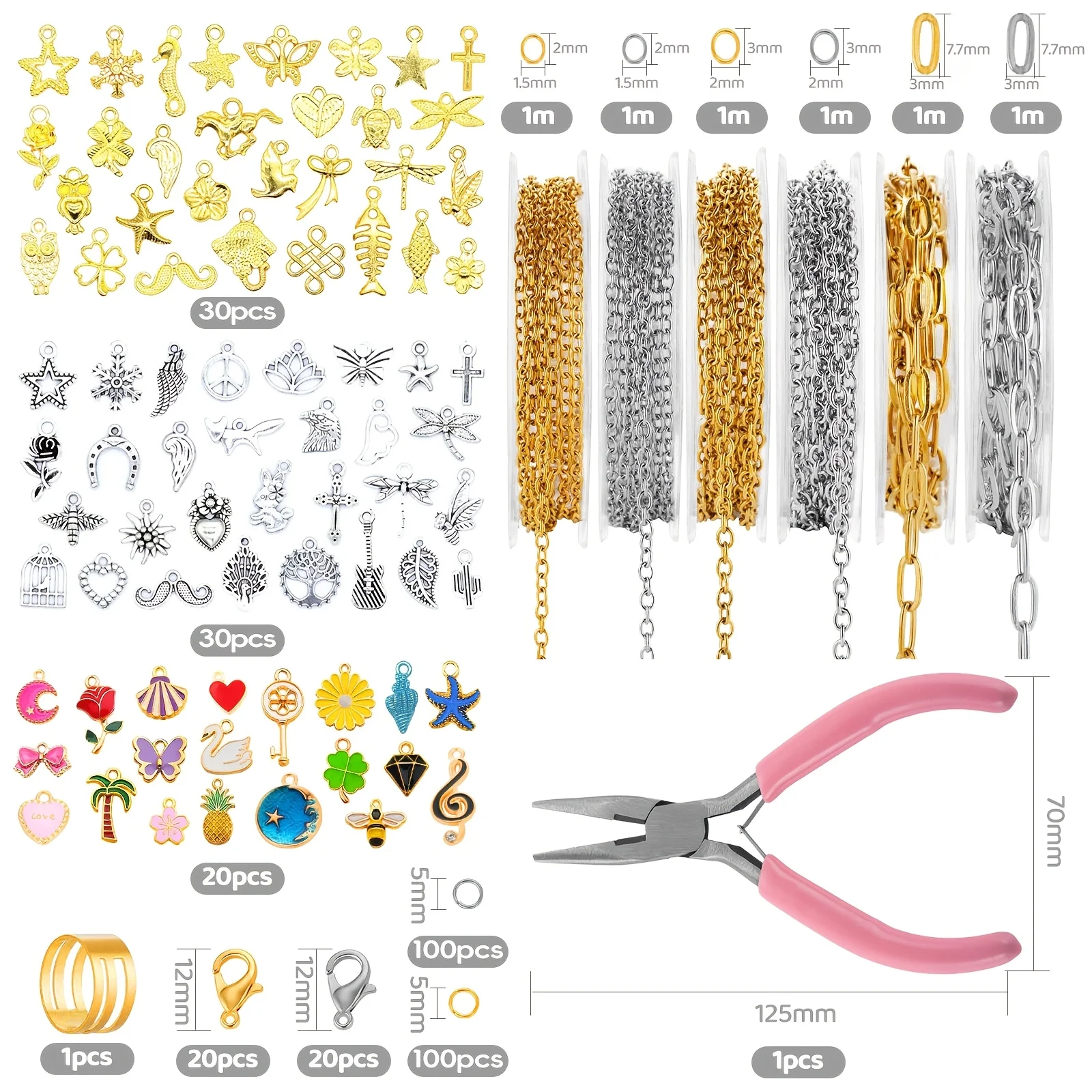 Golden Silvery Chain For Jewelry Making, 19.7ft 6 Rolls Stainless Steel Chains Bulk With 328pcs Charms, Jump Rings Lobster Clasps Set For Bracelet Necklace Crafts