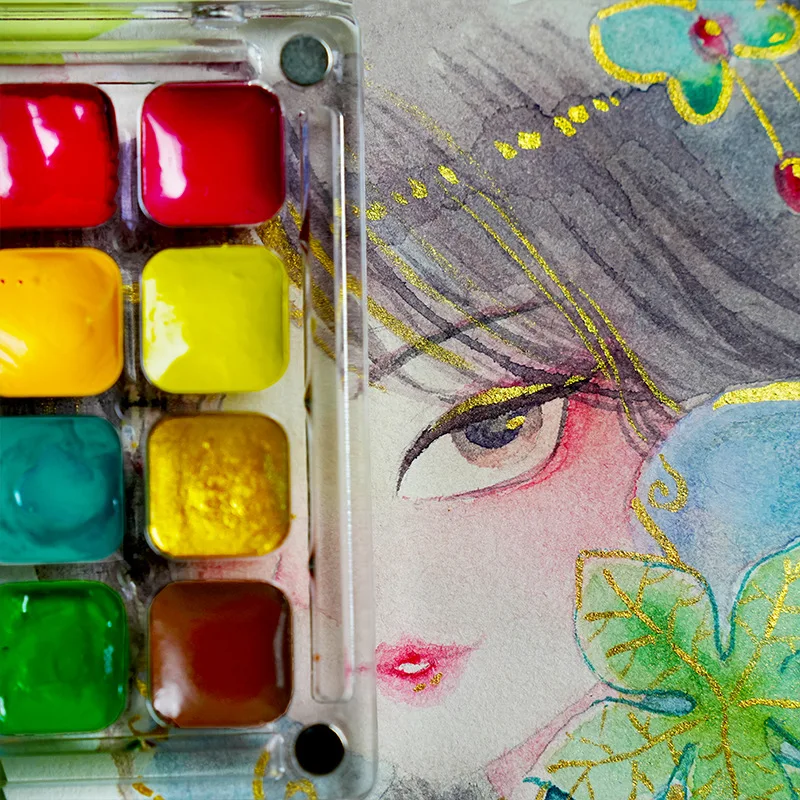 Mini Solid Watercolor Paint Set with Acrylic Palette Box Portable Pocket Sketch Painting Board for Student Art Painting Supplies