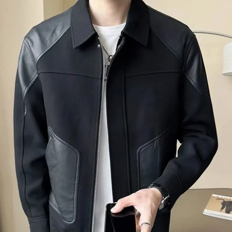 New Fashion Turn-down Collar Long Sleeve Patchwork Jackets Men's Clothing Casual Zipper All-match Youth Korean Top XT1077