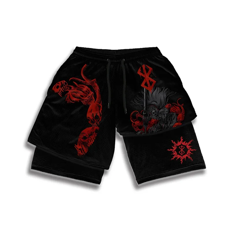 Shorts de ginástica anime masculino, secagem rápida, malha respirável, shorts de performance, esportes de verão, fitness, treino, jogging 2 em 1