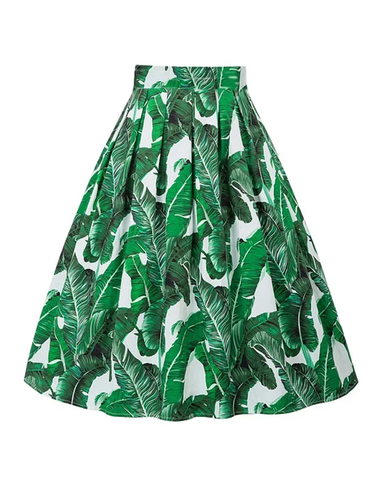 

Women's Retro High Waist Leaf Green Floral Print Pleated Skirts, Harajuku, Vintage, Midi, Cotton, Summer, New, Y2K, 2024