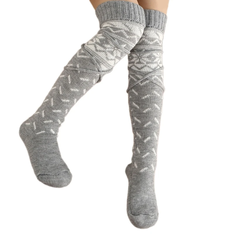 SZL Women's Christmas Knitted Leg Warmers with Ties Sweater Thigh High Socks Snowflake Pattern Over Knee Long Boot Stockings