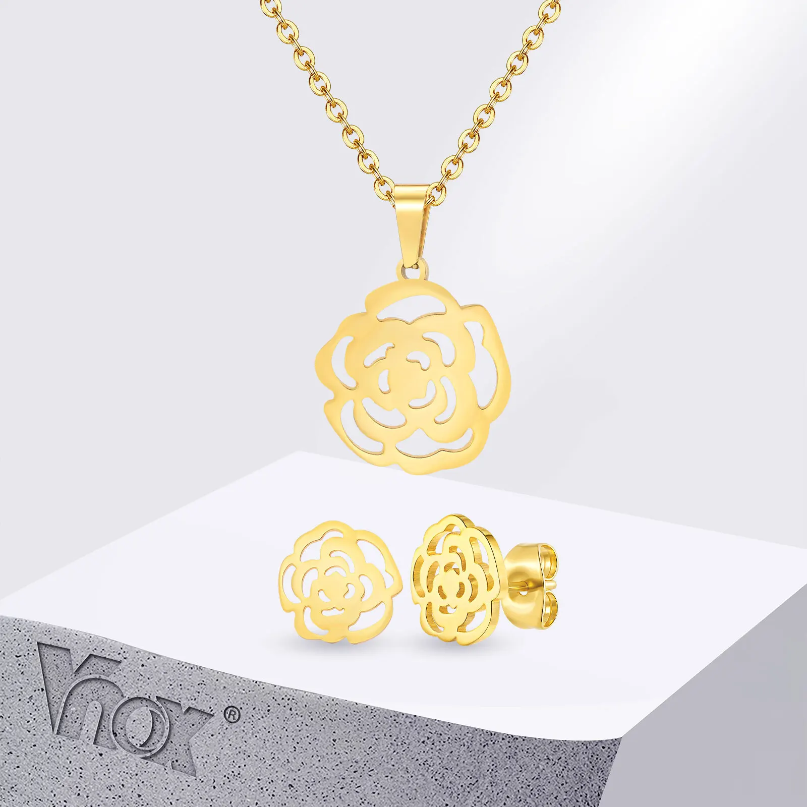 

Vnox Gold Color Women's Jewelry Sets Stainless Steel Flower Butterfly Rose Romantic Element Necklace Earrings Wedding Gifts