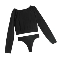 Women Seamless Underwear Set Fitness Women Two Piece Set Sportswear Seamless Ribbed Longsleeve Top Sexy Low Waist Thongs Set