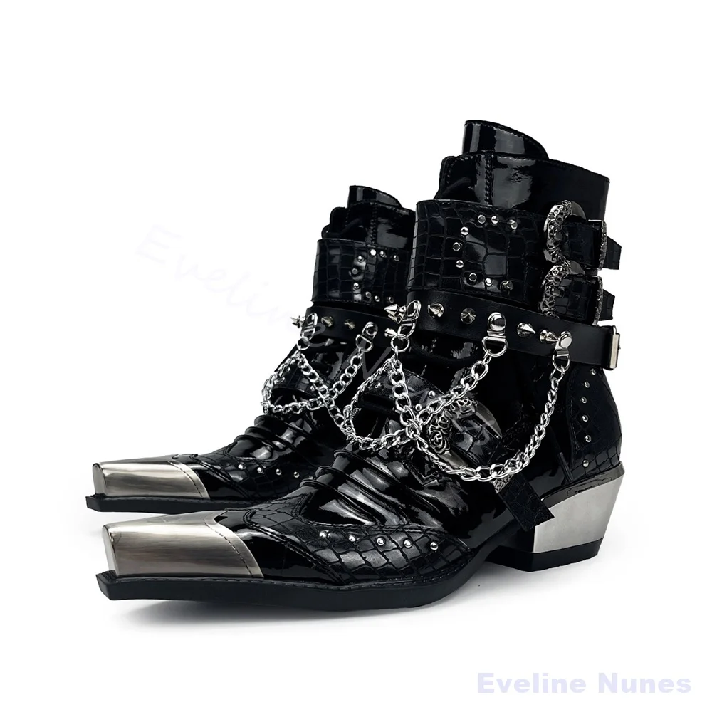 Black Patent Spiked Chain Western Ankle Boots Men Metal Toe Cap Pointed Chelsea Boots Unisex Gothic Punk Rock Street Cowboy Boot