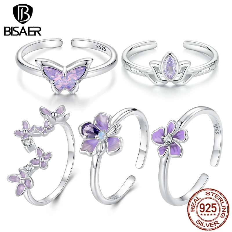 BISAER 925 Sterling Silver Floral Bird Open Ring Flower Band Adjustable Size 5-9 Plated White Gold For Women Party Fine Jewelry